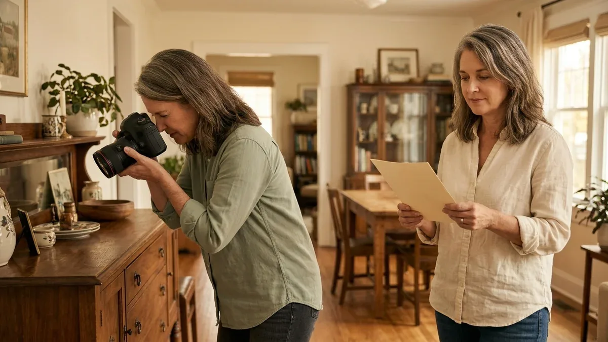 An estate sale team member photographs vintage furnishings while a homeowner reviews a keep list.