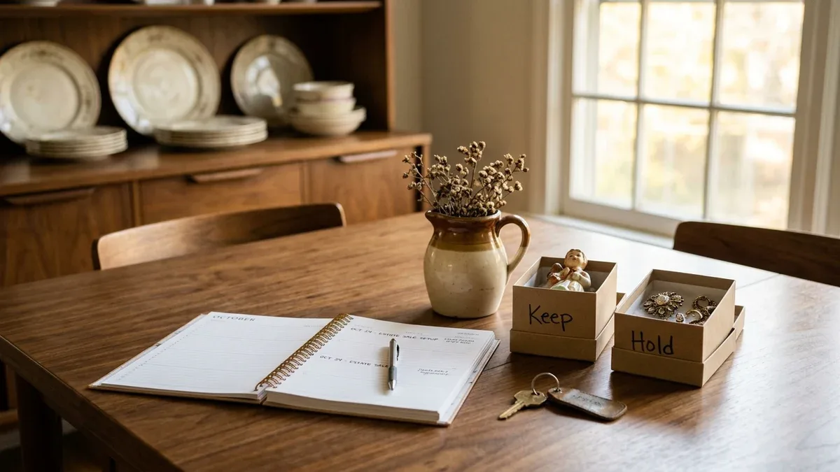 Keep and Hold trays, a planner and house keys on a sunlit table before estate sale setup.