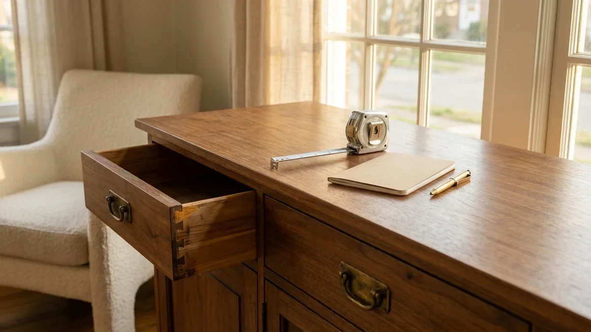 An open walnut sideboard drawer with a tape measure and notebook for checking estate sale furniture.