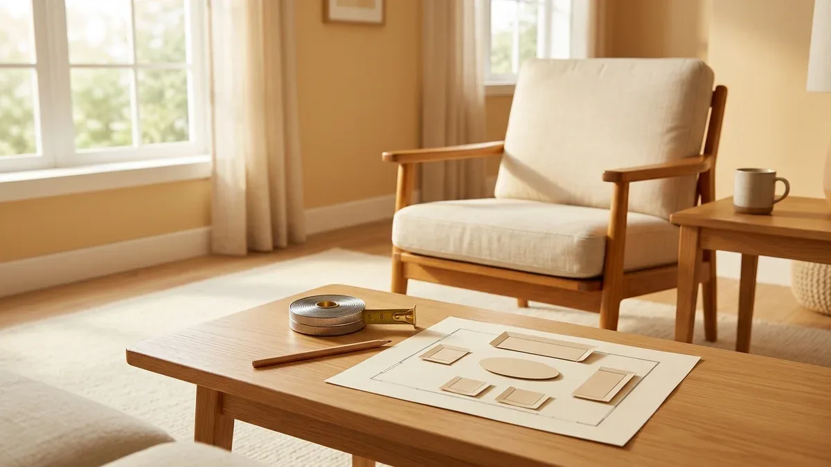 Paper furniture shapes on a floor plan, with a measuring tape and cream armchair nearby.