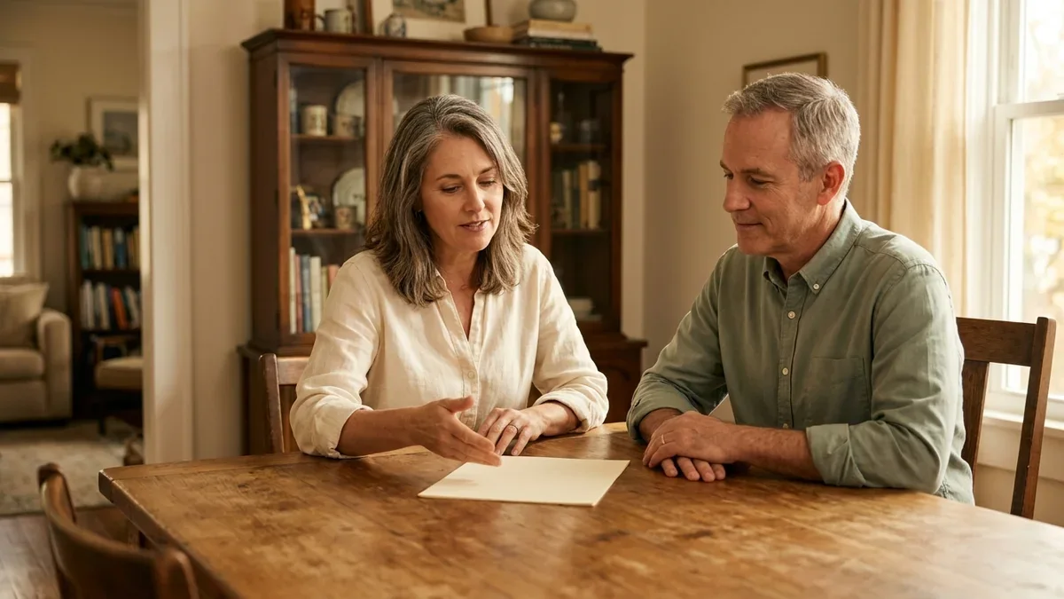 Two professionals review a planning sheet at a wooden dining table.
