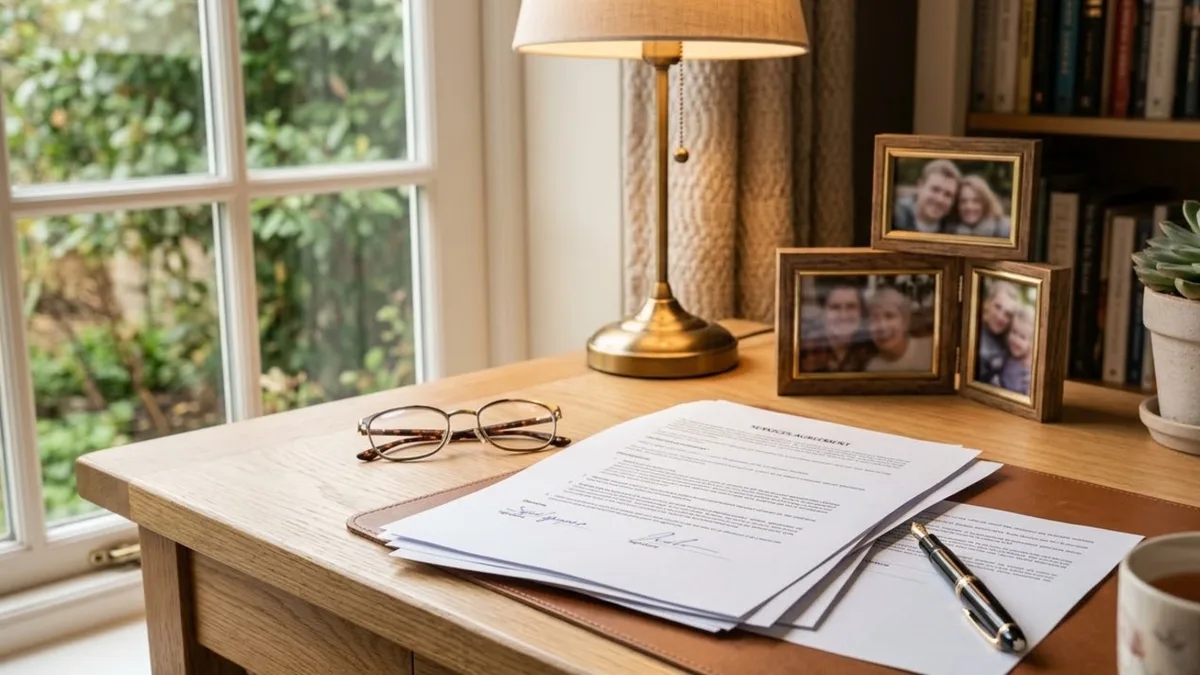 A printed estate sale agreement and a pen on a wooden desk beside reading glasses and family photo frames