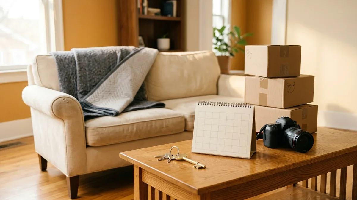 Moving boxes beside a cream sofa, with a calendar, keys and camera on a coffee table.