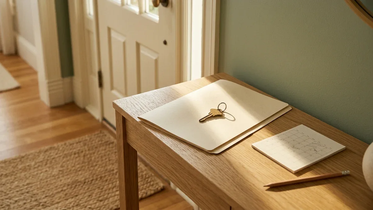 House keys on a cream folder beside a calendar and pencil on a sunlit oak entryway console.
