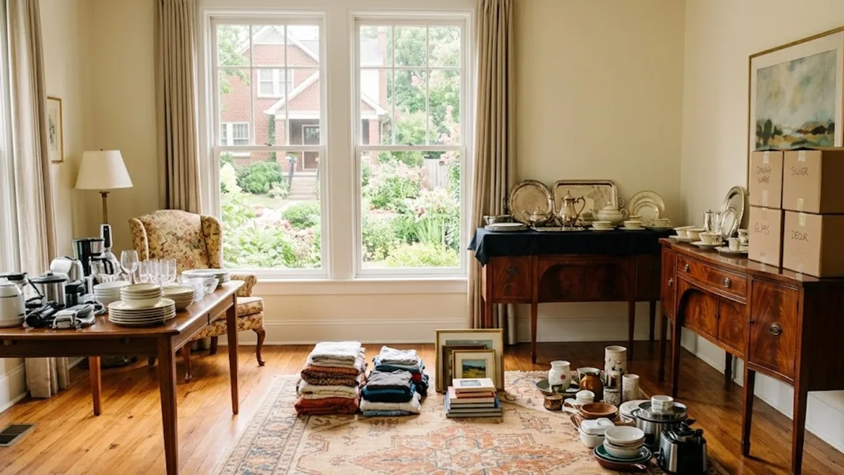 Household belongings sorted into separate groups in a Nashville living room with silver and china on a sideboard