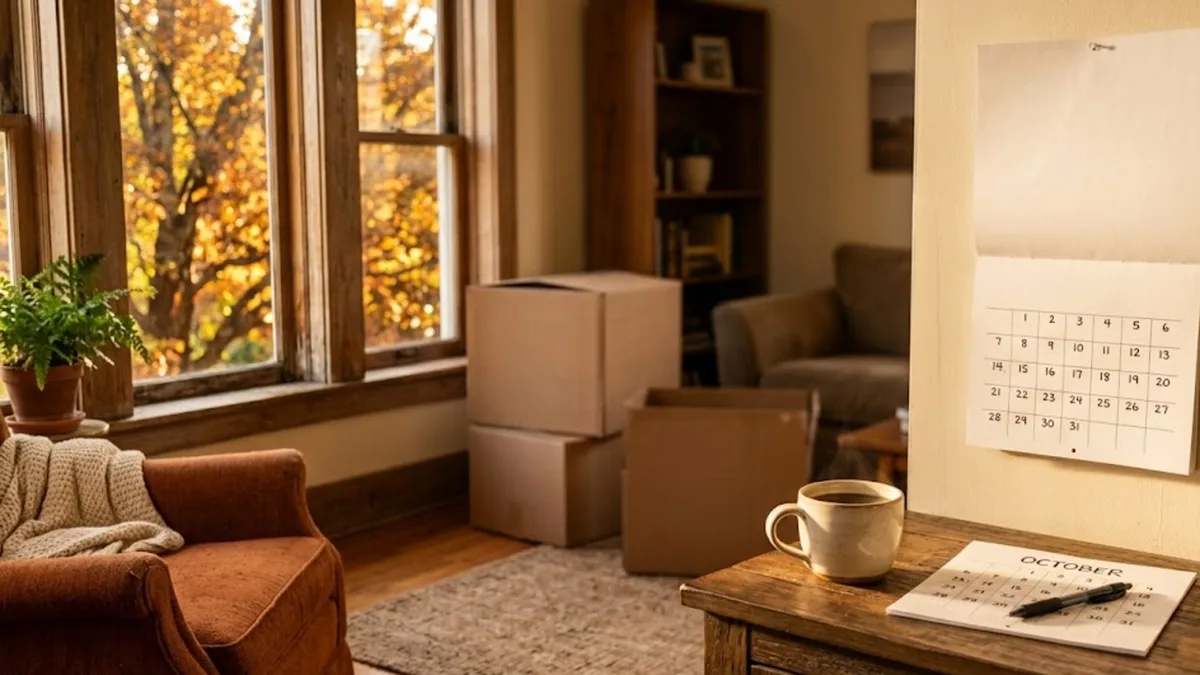 Autumn living room with a wall calendar and partly packed boxes while planning an estate sale date