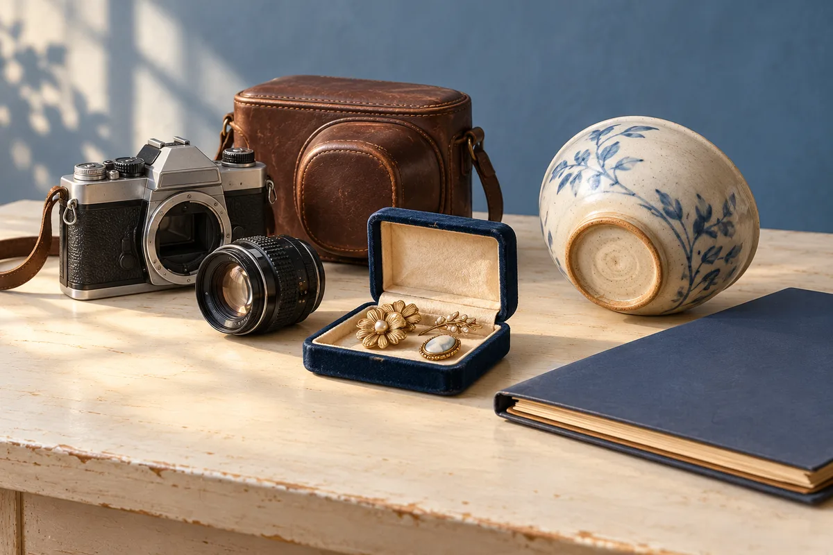 Editorial illustration of a camera, matching lens and case, jewelry box, ceramic bowl, and paperwork folder.