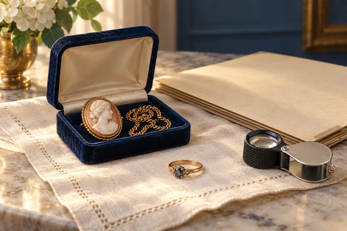 Illustration of a cameo brooch, chain and ring beside a jeweler’s loupe and paperwork folder.
