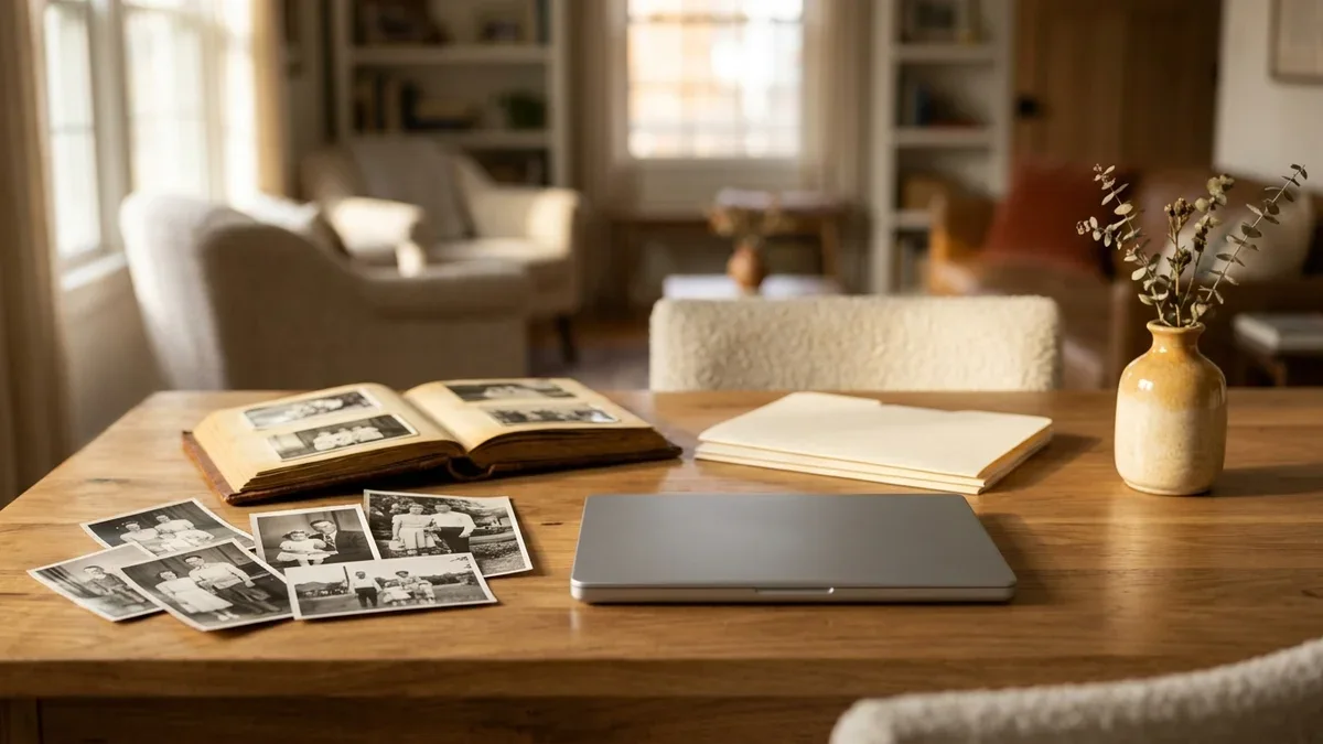 Vintage photographs and an antique album arranged beside a closed laptop and cream folders.