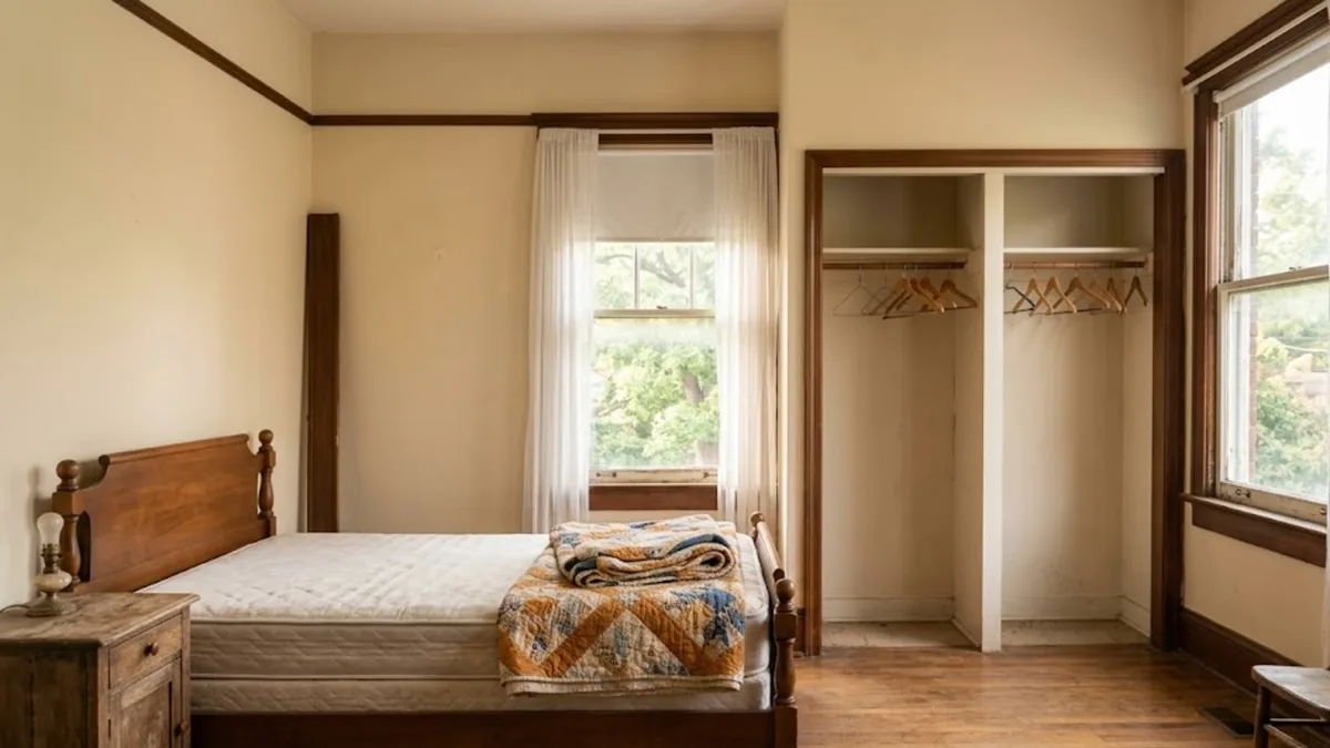 A half-emptied bedroom in an older Nashville home with a few remaining pieces of furniture and an open closet